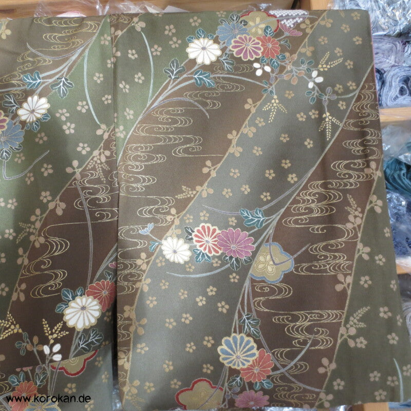 oliv gold Blumen Seidencrepe festlicher japanischer Kimono, neu