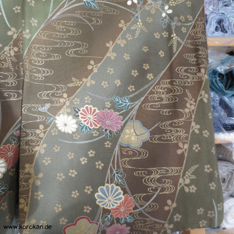 oliv gold Blumen Seidencrepe festlicher japanischer Kimono, neu