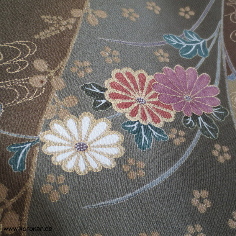oliv gold Blumen Seidencrepe festlicher japanischer Kimono, neu