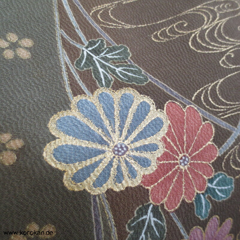 oliv gold Blumen Seidencrepe festlicher japanischer Kimono, neu