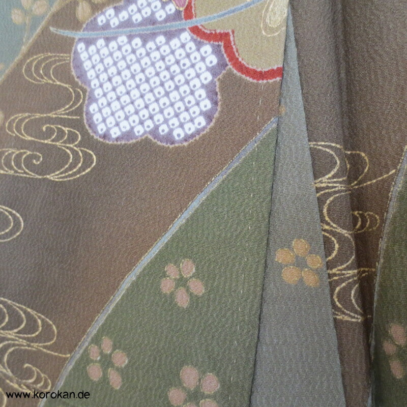 oliv gold Blumen Seidencrepe festlicher japanischer Kimono, neu