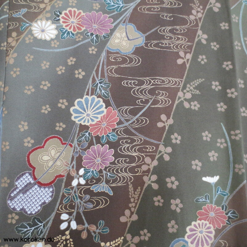 oliv gold Blumen Seidencrepe festlicher japanischer Kimono, neu