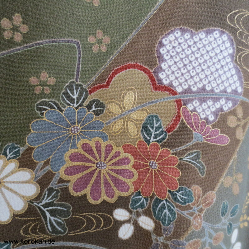 oliv gold Blumen Seidencrepe festlicher japanischer Kimono, neu