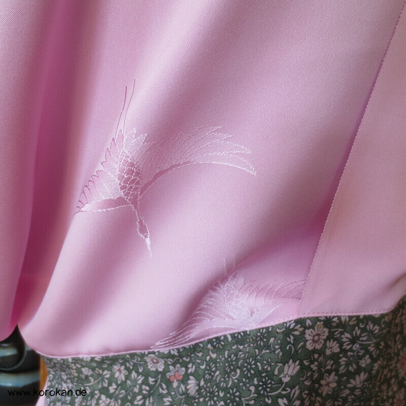 Upcycling Seidenshirt Kimonostoffreste, rosa Kranichdamast und Millefleur Crepe
