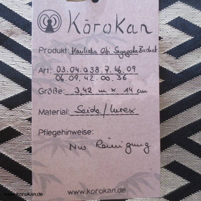 Sayagata, schwarz rot gold Hanhaba Obi, Seide mit Lurex