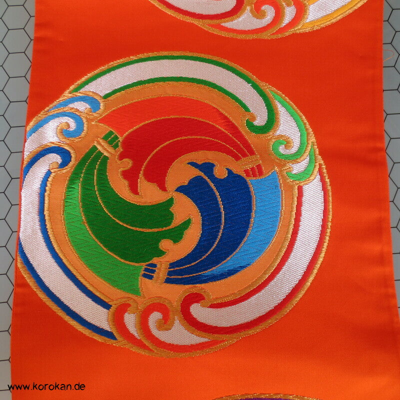 Tomoeartige Kringel knallbunter Fukuro Obi Seidenbrokat