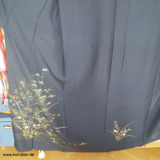 mitternachtsblauer Hitoe Homongi Seiden Kimono, mit Blumen