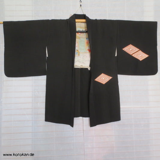 japanische Haori Kimono Jacke mit Diamantrauten, handgemaltes Seidenfutter