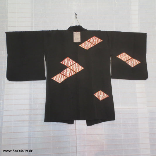 japanische Haori Kimono Jacke mit Diamantrauten, handgemaltes Seidenfutter