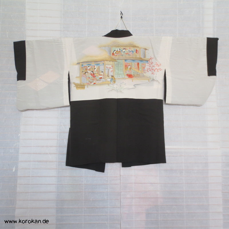 japanische Haori Kimono Jacke mit Diamantrauten, handgemaltes Seidenfutter
