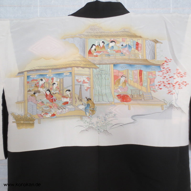 japanische Haori Kimono Jacke mit Diamantrauten, handgemaltes Seidenfutter
