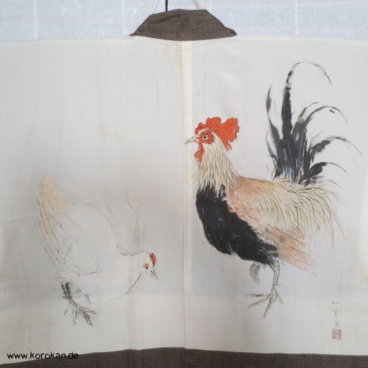 handgemalter Hahn Seiden Futter, Oshima Tsumugi Kasur Seiden Haori Kimono Jacke