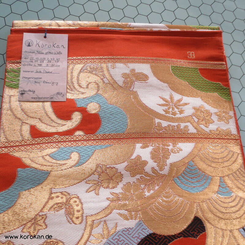 wilde Wellen Seiden Brokat Fukuro Obi Japan Kimonogürtel