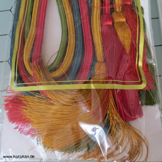 fünf Kordeln mit Troddeln, dunkelbunt, Haarschmuck der als Obijime