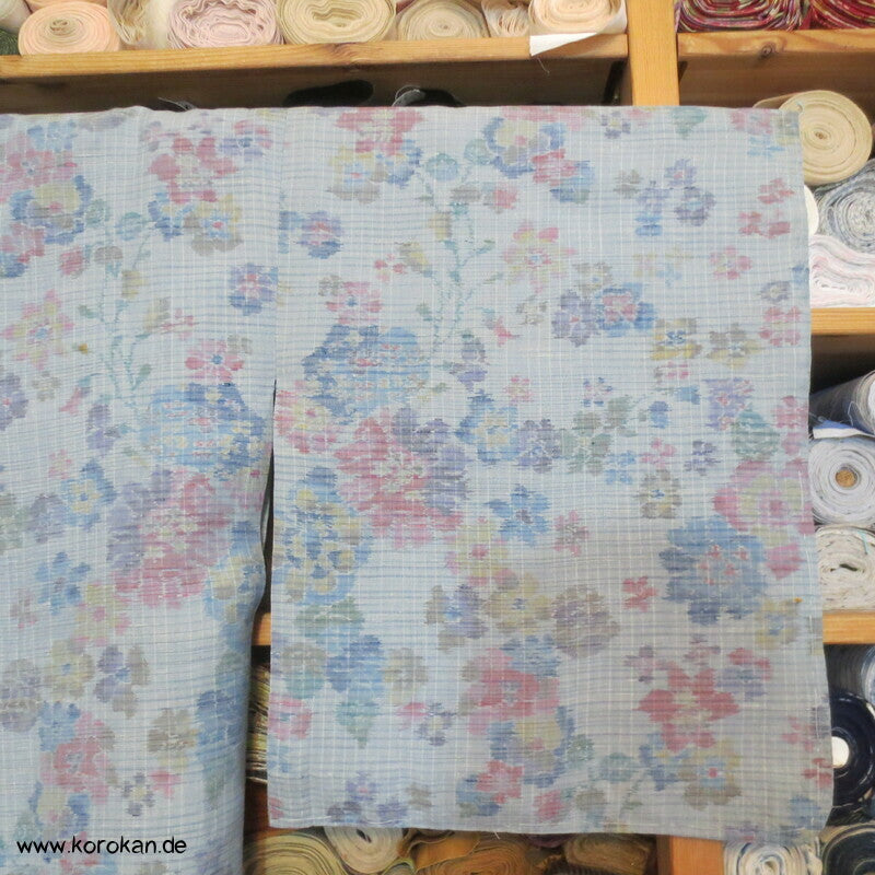 Kurzer Hitoe Damen Kimono Tsumugi Seide mit Kasuri Blüten Muster, ungefüttert