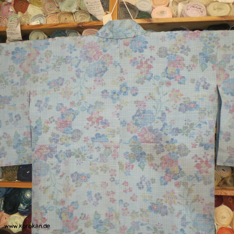 Kurzer Hitoe Damen Kimono Tsumugi Seide mit Kasuri Blüten Muster, ungefüttert