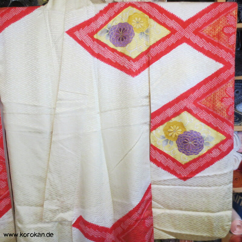 Shibori Rauten und Stickerei Furisode, Rinzu Damast