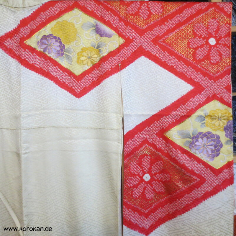 Shibori Rauten und Stickerei Furisode, Rinzu Damast