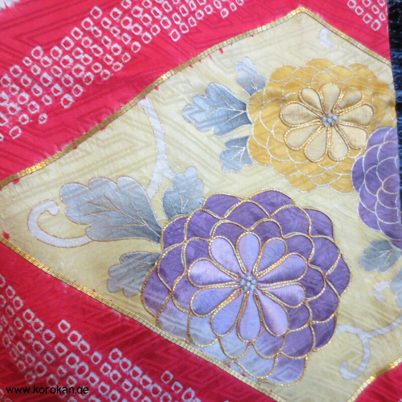 Shibori Rauten und Stickerei Furisode, Rinzu Damast