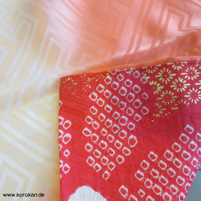 Shibori Rauten und Stickerei Furisode, Rinzu Damast