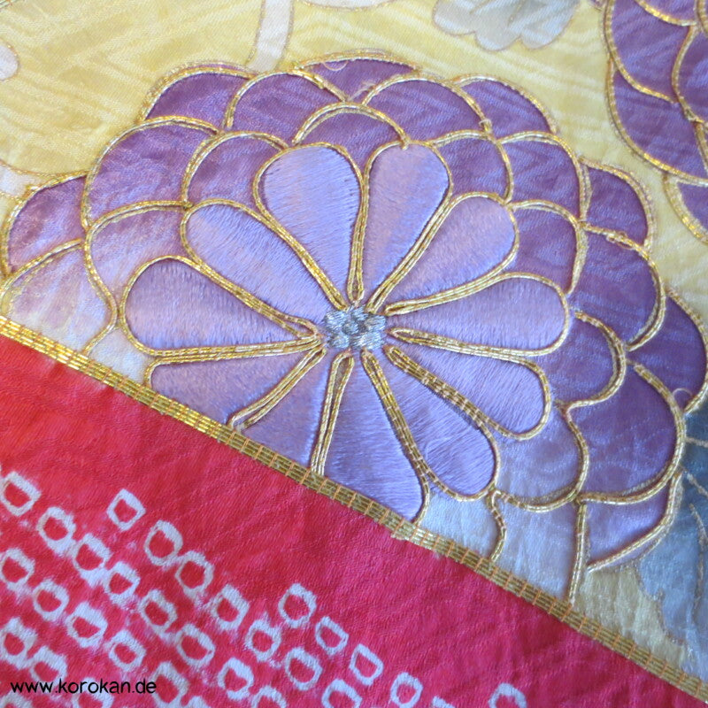 Shibori Rauten und Stickerei Furisode, Rinzu Damast