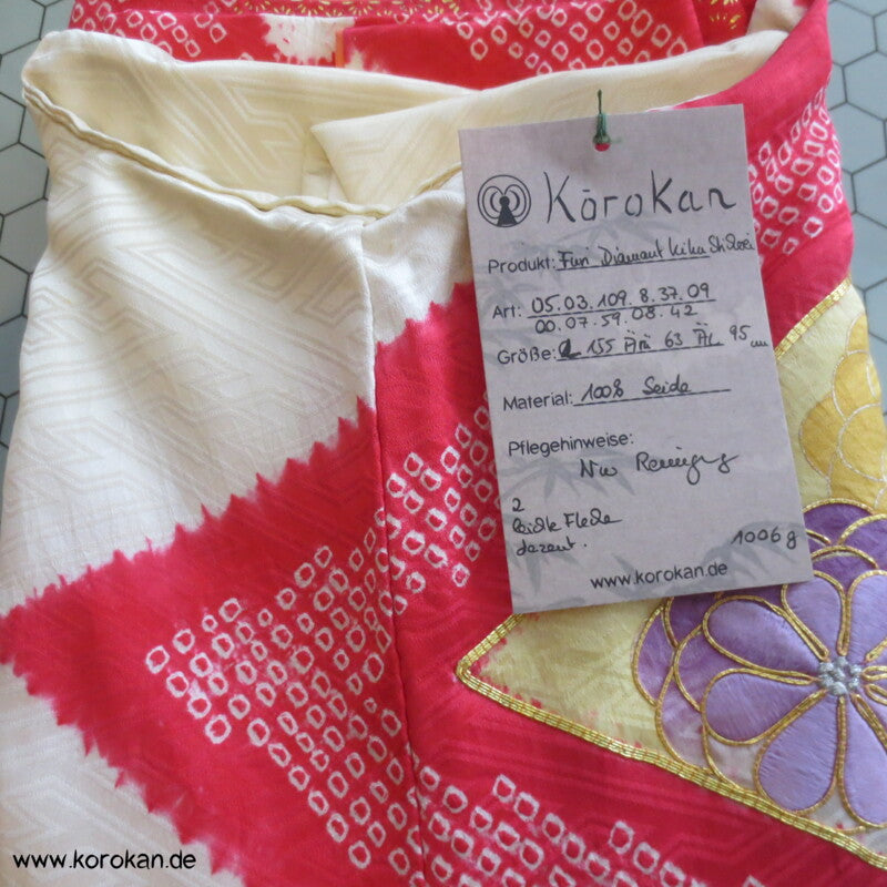Shibori Rauten und Stickerei Furisode, Rinzu Damast