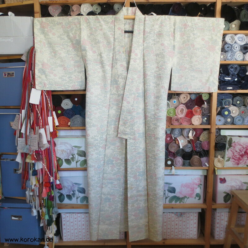 moos gebatikter Blumen Kasuri Tsumugi Hitoe Kimono, sehr groß