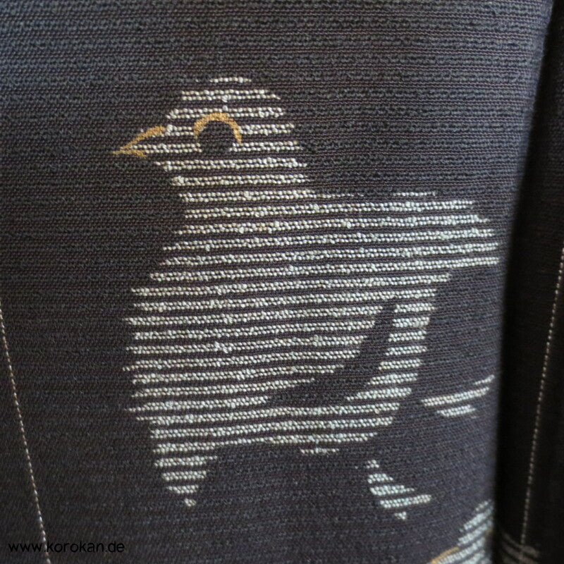 Tsunami Wellen und Vögel in schwarzbraunem Sha Organza Hitoe Kimono