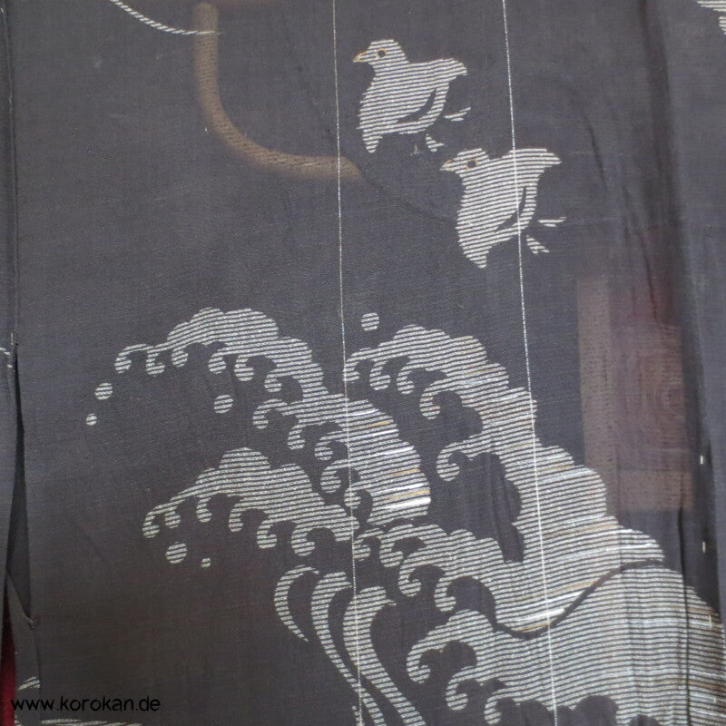Tsunami Wellen und Vögel in schwarzbraunem Sha Organza Hitoe Kimono