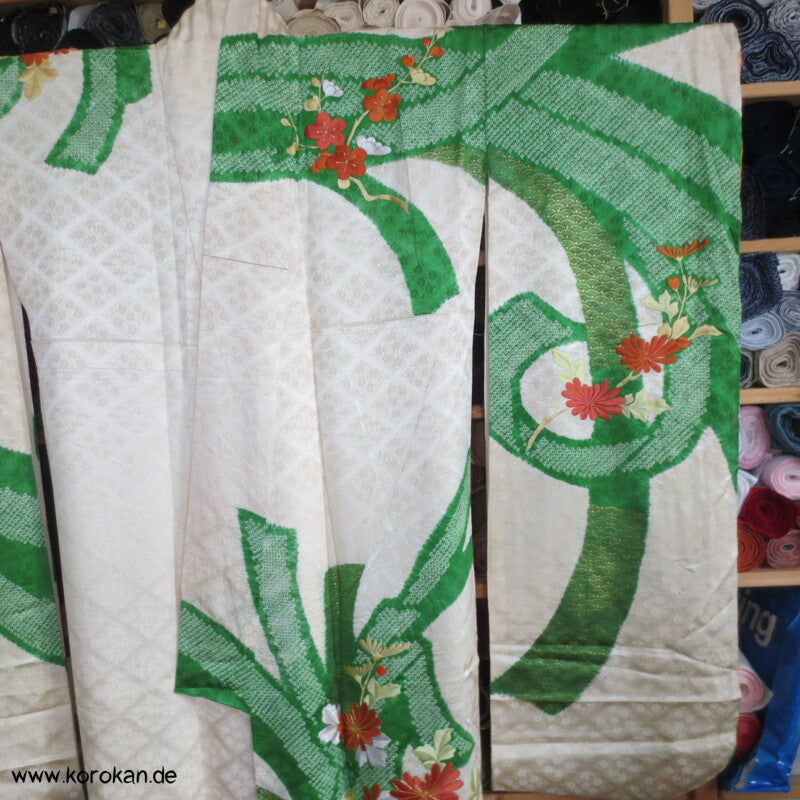 Riesen Noshi aus Shibori mit Stickereiblüten aus Seidendamast Furisode Kimono