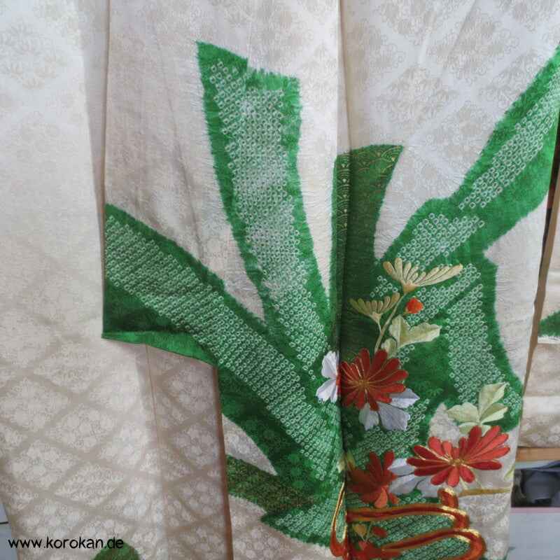 Riesen Noshi aus Shibori mit Stickereiblüten aus Seidendamast Furisode Kimono