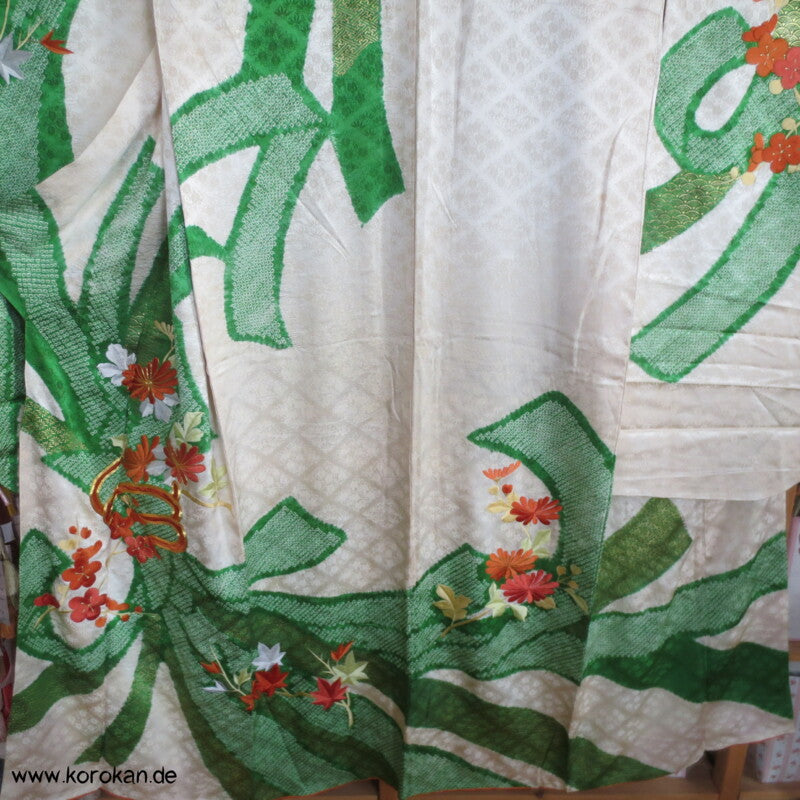 Riesen Noshi aus Shibori mit Stickereiblüten aus Seidendamast Furisode Kimono