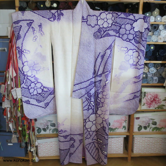 Furisode Kimono Full Shibori Seidendamast Stoffrollenmuster