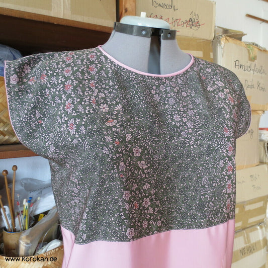 Upcycling Seidenshirt aus Kimonostoffresten, rosa Kranichdamast und Millefleur Crepe