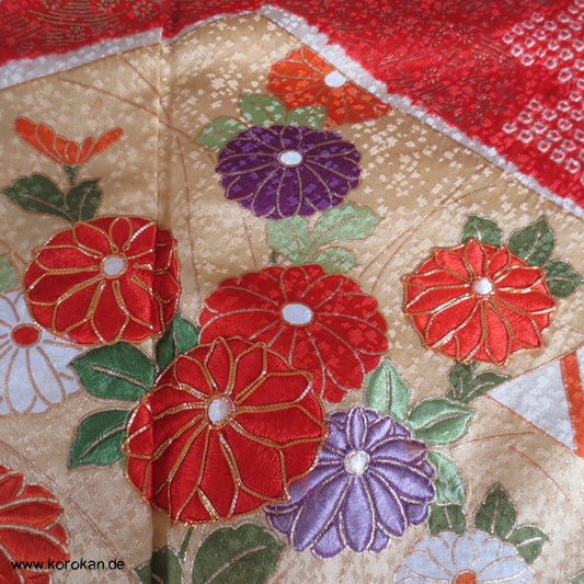 Shibori, Bambus, Wolken und Stickerei Homongi Seidendamast Kimono