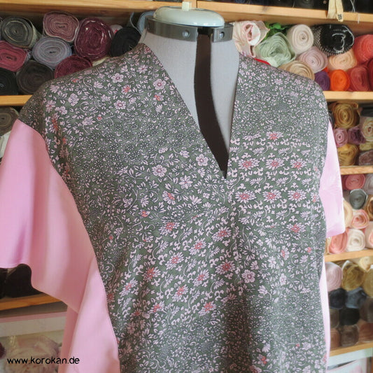 Upcycling Seidenshirt aus Kimonostoffresten, rosa Kranichdamast und Millefleur Crepe