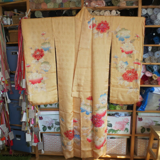 große Päonien, teilbestickter Furisode Seidendamast Kimono