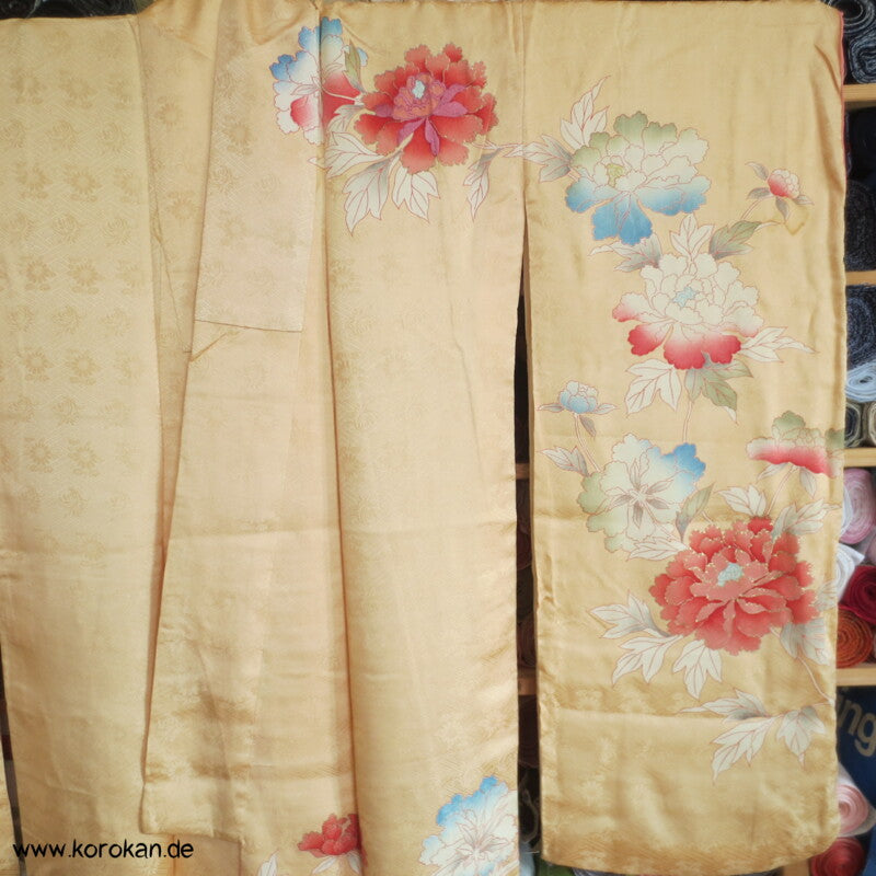 große Päonien, teilbestickter Furisode Seidendamast Kimono