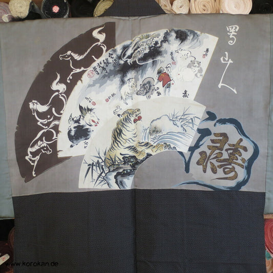 handgemalte chinesische Tierkreiszeichen Seiden Futter Haori Tsumugi Seide Kimono Jacke