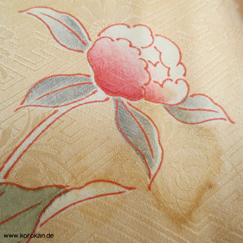 große Päonien, teilbestickter Furisode Seidendamast Kimono