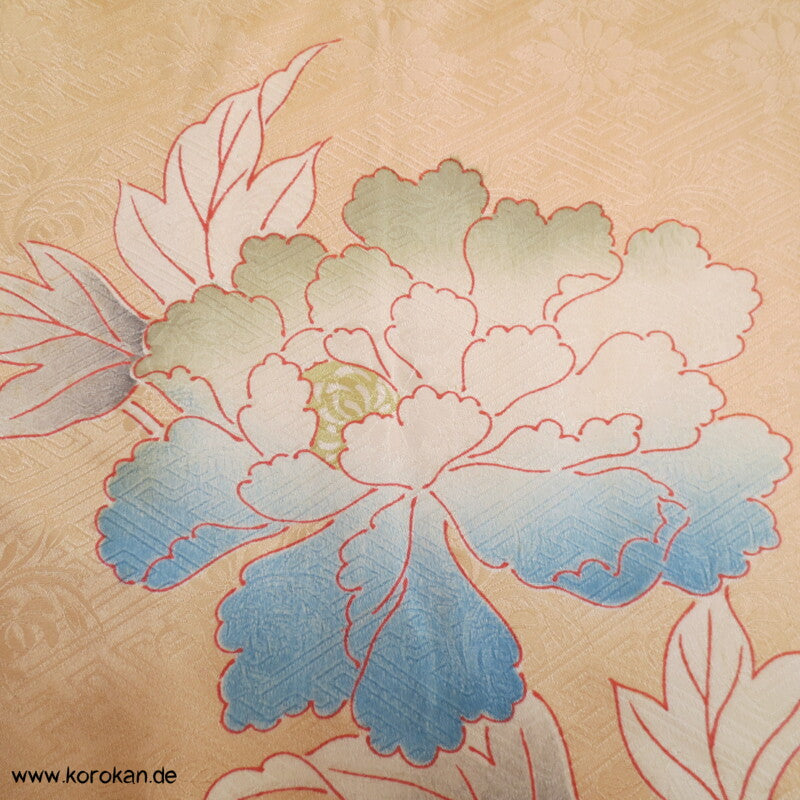 große Päonien, teilbestickter Furisode Seidendamast Kimono
