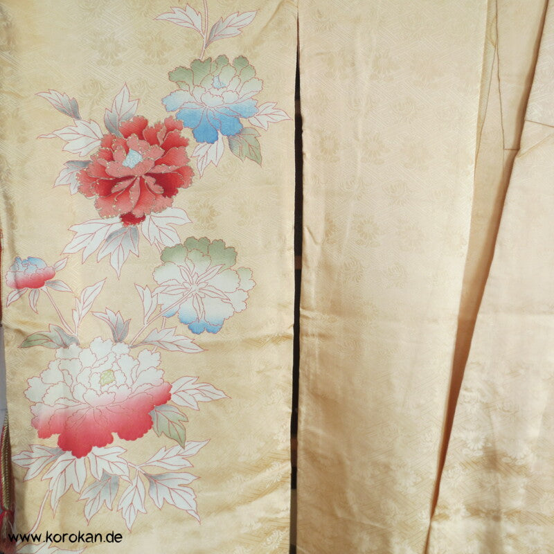 große Päonien, teilbestickter Furisode Seidendamast Kimono