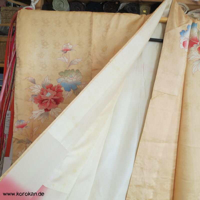 große Päonien, teilbestickter Furisode Seidendamast Kimono
