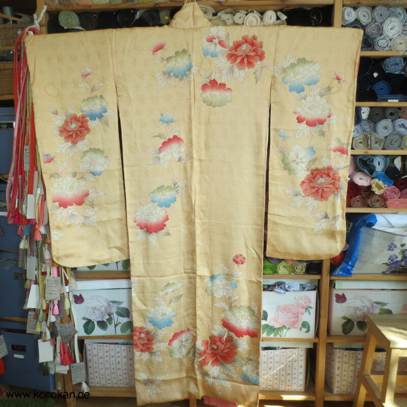 große Päonien, teilbestickter Furisode Seidendamast Kimono