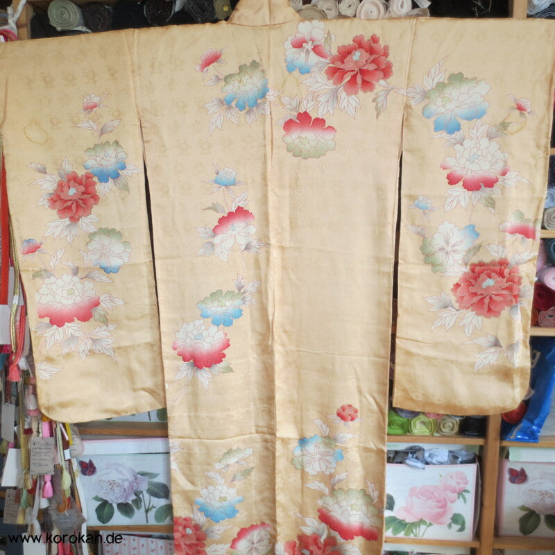 große Päonien, teilbestickter Furisode Seidendamast Kimono