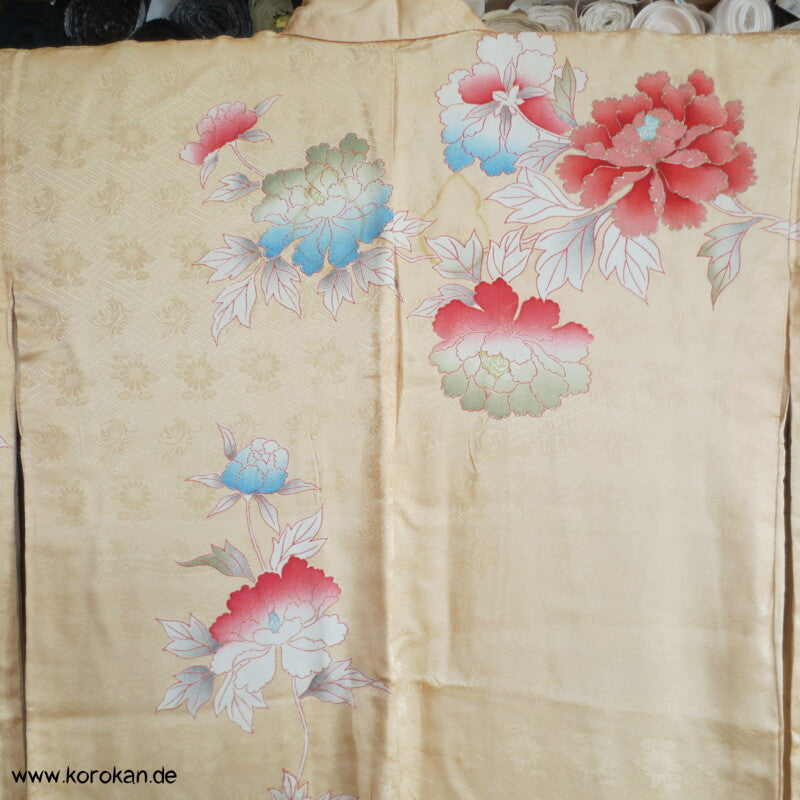 große Päonien, teilbestickter Furisode Seidendamast Kimono