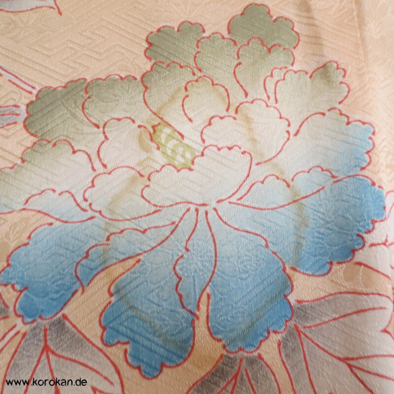 große Päonien, teilbestickter Furisode Seidendamast Kimono