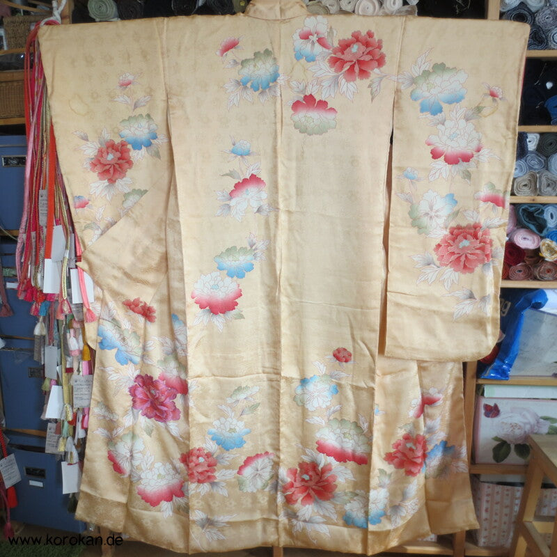 große Päonien, teilbestickter Furisode Seidendamast Kimono