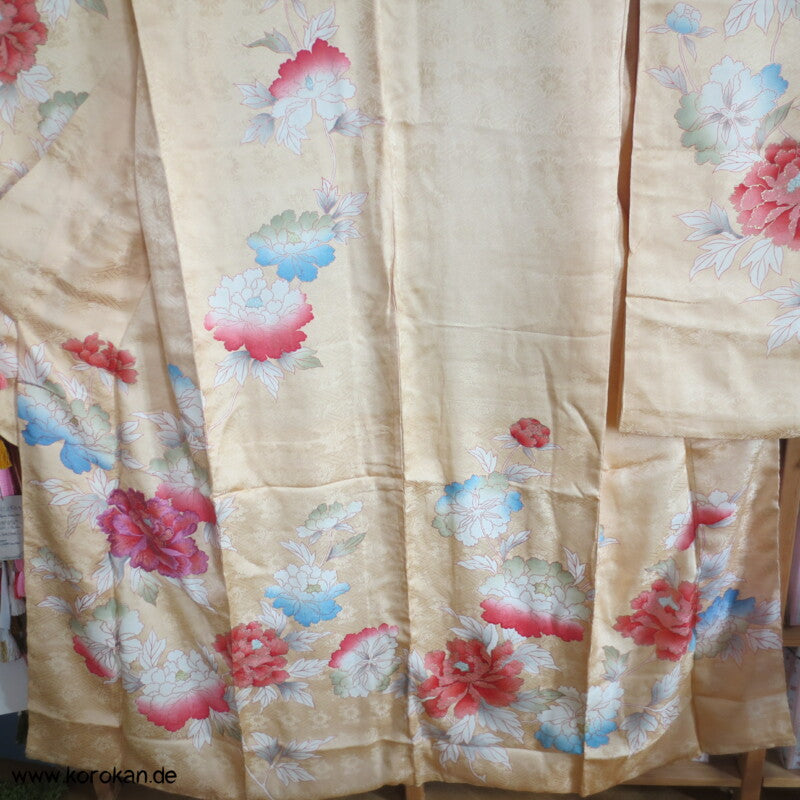 große Päonien, teilbestickter Furisode Seidendamast Kimono