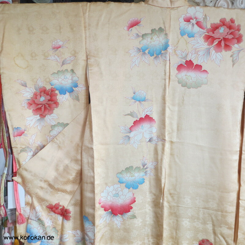 große Päonien, teilbestickter Furisode Seidendamast Kimono